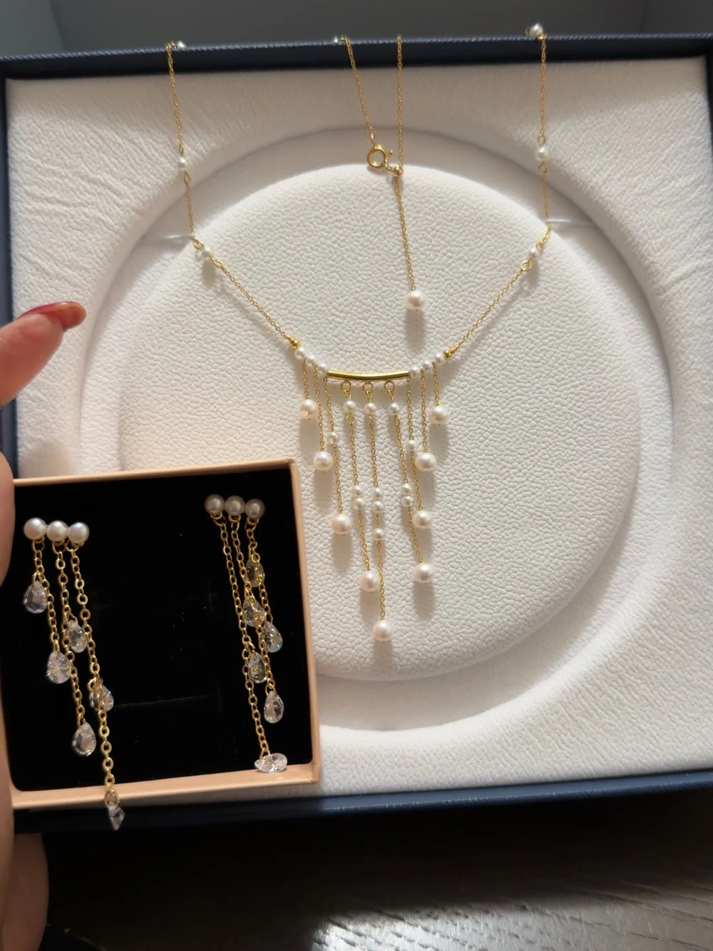 Artisan Gold real Pearl Fringe Necklace and Earrings Set